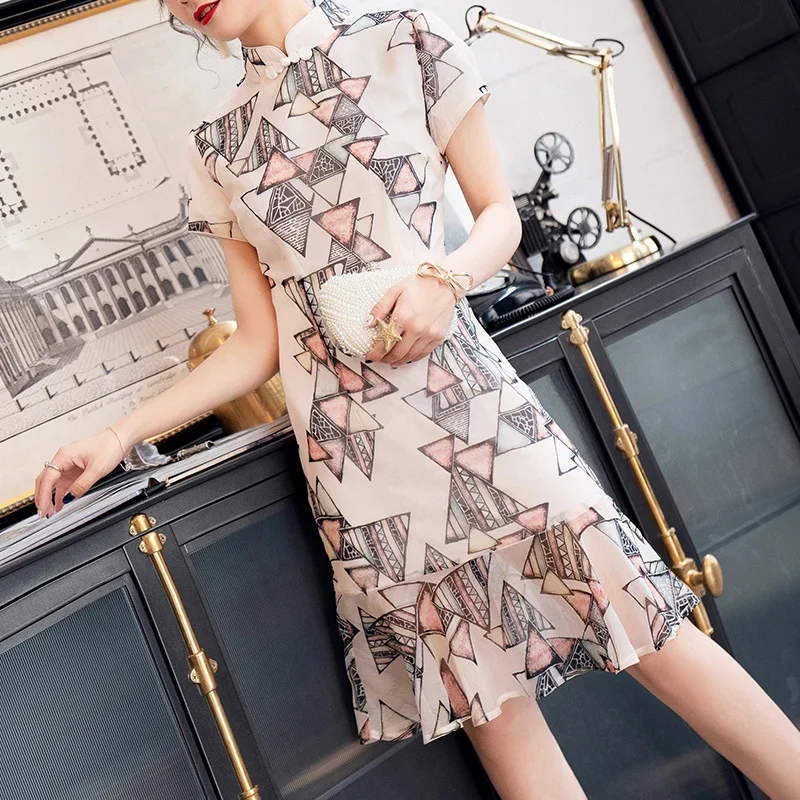 

Manufacturers Direct Selling New GIRL'S Cheongsam nian qing kuan Chiffon Printed Short Improved 2019 New Style Summer 19260