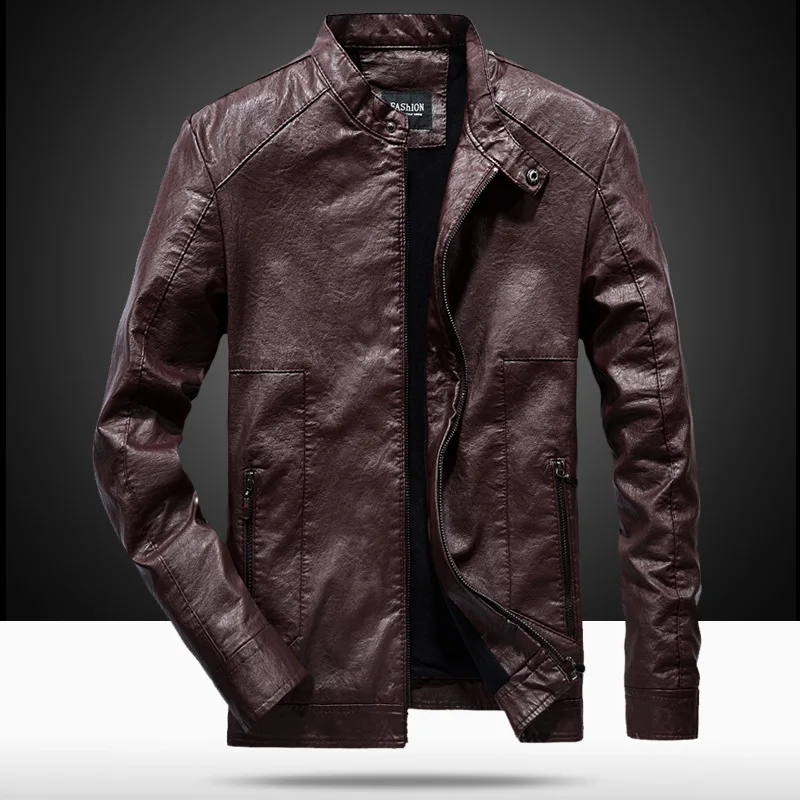 

Chao Leather Coat Male Fit Plus Velvet Leather Jacket Li Collar Metal Texture Green Type Male Simple Coat