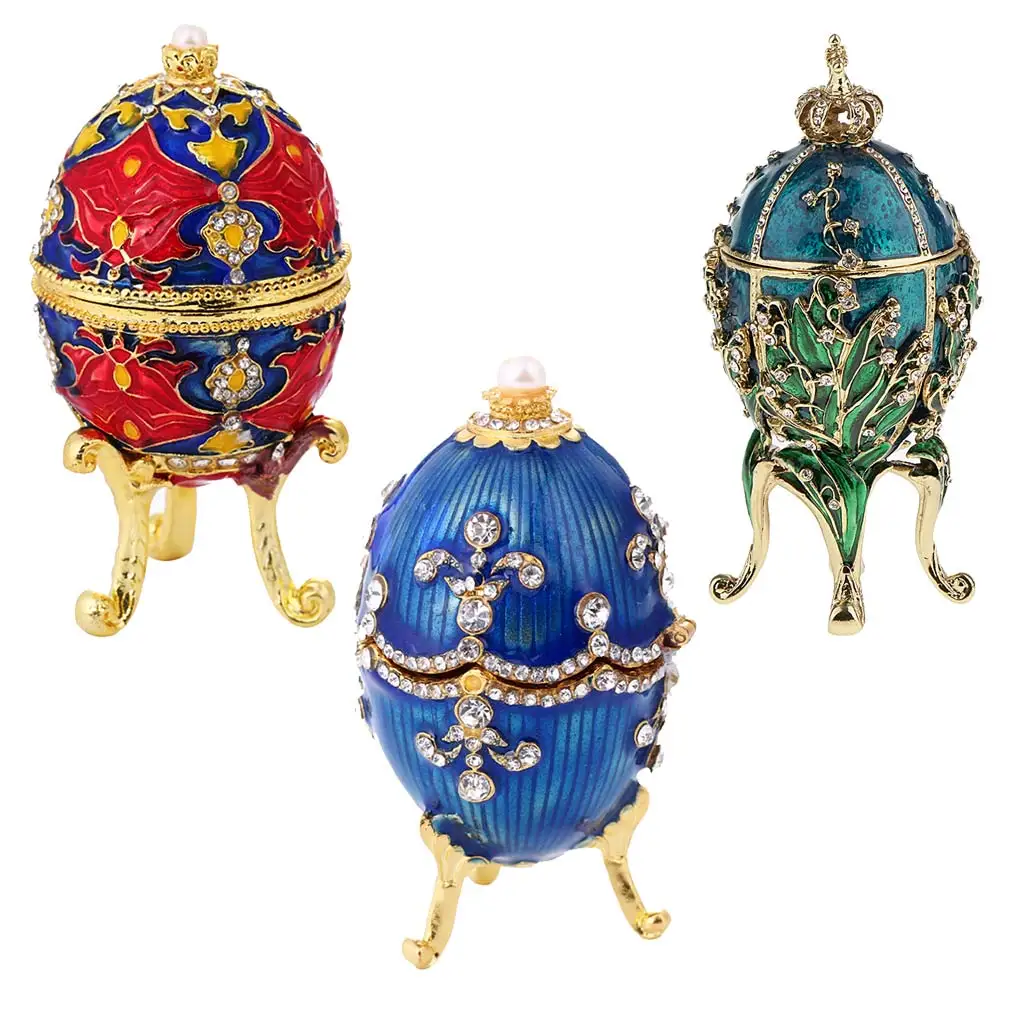 3 Pieces Luxury Faberge Easter Eggs Russian Royal Case Leg Jewellery Box Holder