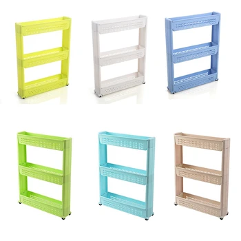 

1/Pc Gap Storage Shelf Kitchen Storage Rack Shelf Slim Slide Tower Movable Assemble Plastic Bathroom Shelf Wheels Space 3 Layers