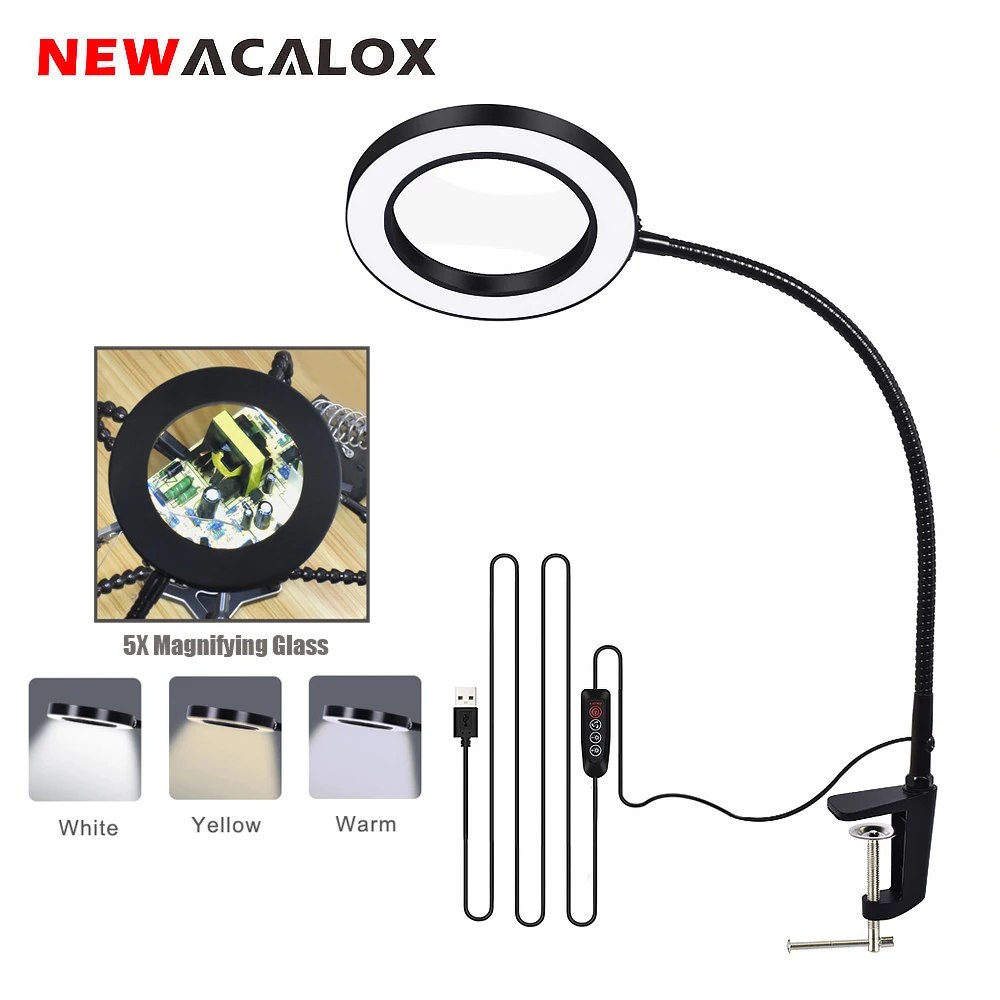 NEWACALOX USB 3X/5X настольные тиски стол Зажимная Лупа светодиодный свет Гибкая