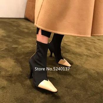 

Retro European Elastic Stretch Fabric Women Mid-calf Boots Patchwork Slip-on Square Toe Mixed Color Short Boots Women