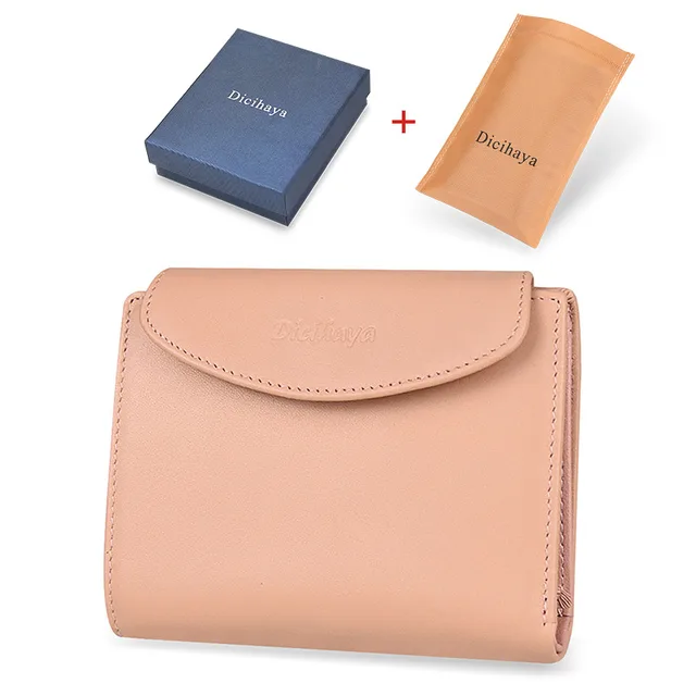 DICIHAYA Genuine Leather Women Wallet Coin Purse For Girls Female Small Portomonee Lady Purse Money Bag Card Holder Mini Clutch pink with box
