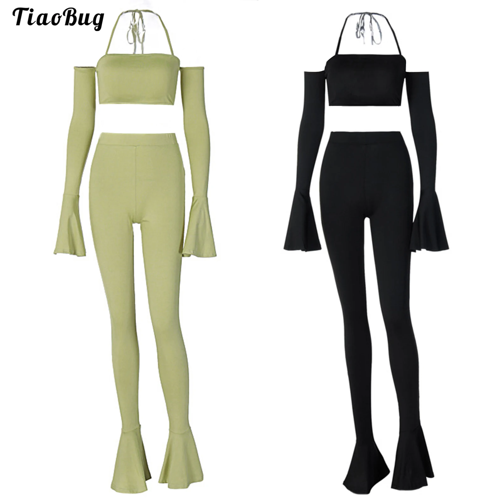 

Women 2Pcs Casual Suit Halter Neck Straps Long Sleeves Flared Sleeves Top With Flared Pants Trousers Set For Dance Jogging Yoga