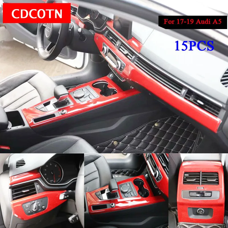 15Pcs ABS Car Interior Wood Grain Color Cover Stickers Trim Panel Overlay Frame Kit Fit For 2017-19 Audi A5 A4L Auto Accessories