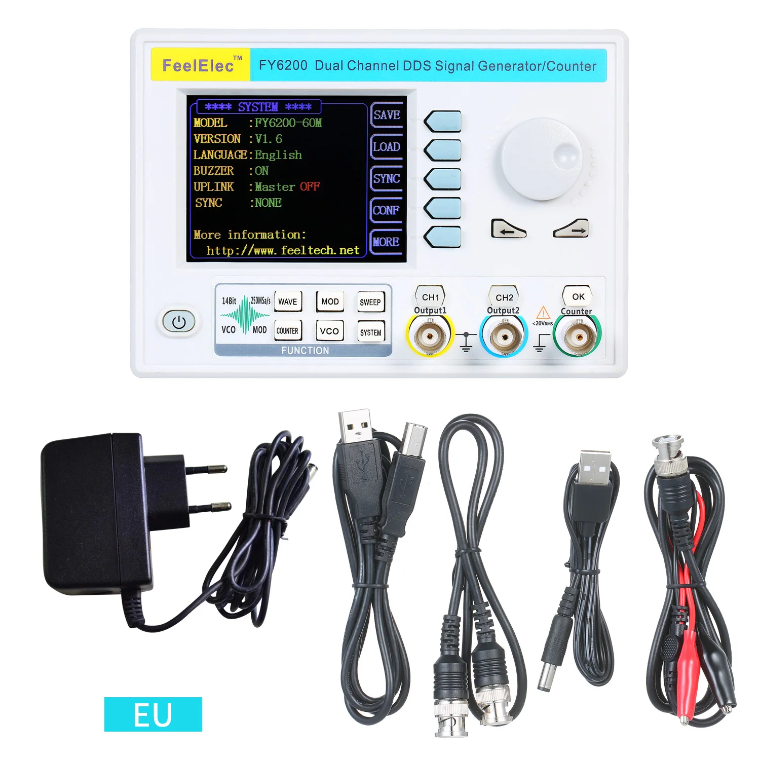Высокоточный цифровой генератор сигналов DDS FeelElec FY6200 20/30/60 МГц двухканальный