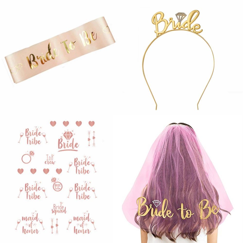 Pink set Hen Night Party Decorations 1 Set Bachelorette Party Supplies Rose Gold Team Bride Bride To Be Wedding Veil for Bridal Shower,Q - Цвет: Pink set