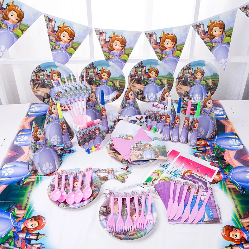 La Princesa suministros de fiesta Sofia niños niñas taza y plato de papel servilleta sombreros bolsa de regalo juego para fiesta de cumpleaños princesa temático de Sofía suministros