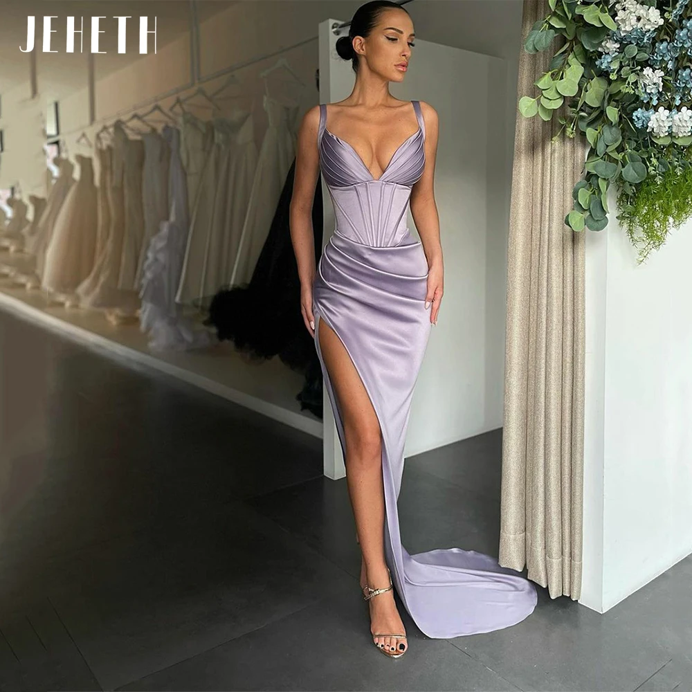 JEHETH Sexy Deep V-Neck Satin Evening Dresses Spaghetti Straps Side Split Backless Pleats Cocktail Party Gowns robes de soirée