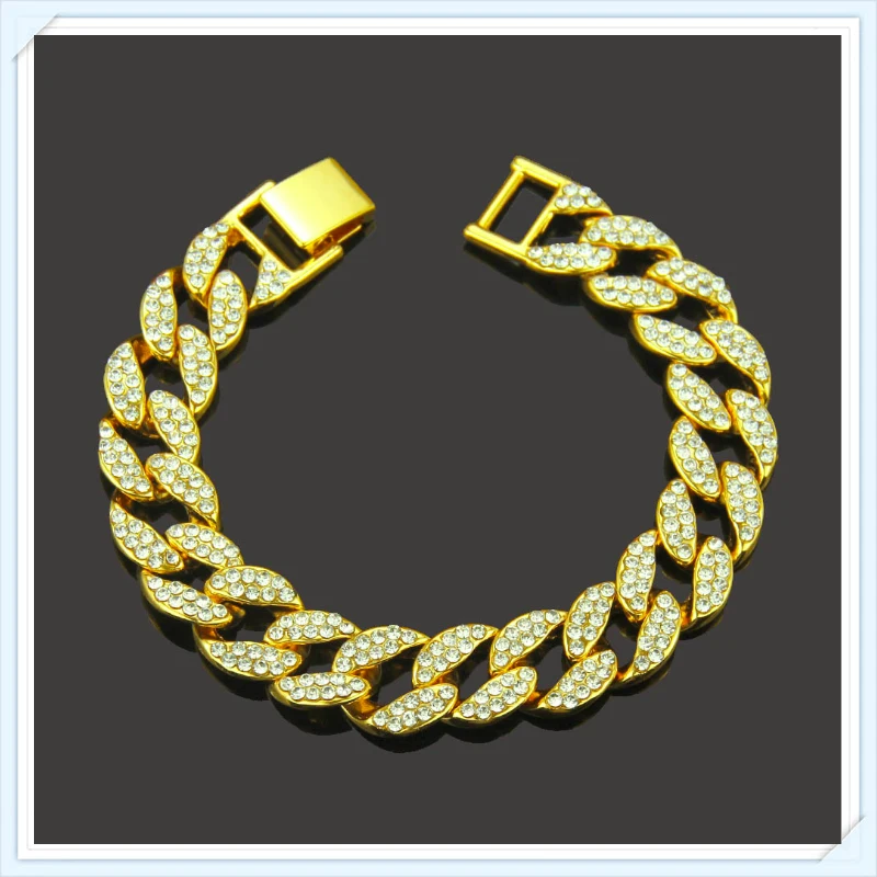 

Vintage Gold Curb Cuban Link Chain rhinestones Miami Cuban chain Iced Out Paved bling Rapper bracelet men's hip hop jewelry