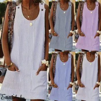 

Plus Size Women Holiday Sleeveless Loose Button Pocket Ladies Summer Beach Mini Colours Sun Dress