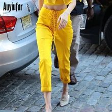 Auyiufar однотонные повседневные штаны для женщин с высокой талией на шнуровке повседневные длинные штаны модные желтые женские прямые брюки