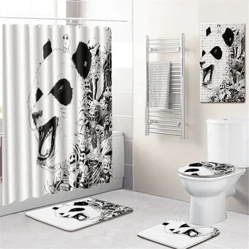 

5 pcs/set Black and White Shower Curtain Bath Mat Toilet Pad Set Non-slip Bathroom Carpet Waterproof Panda Shower Curtain Set