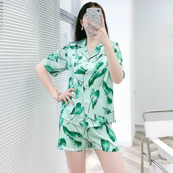 

Female Plant Green Leaves 2PCS Pajamas Set Sexy Pyjamas Nightwear Sleepwear Sleep Suit 2020 Summer New Lounge Home Clothes