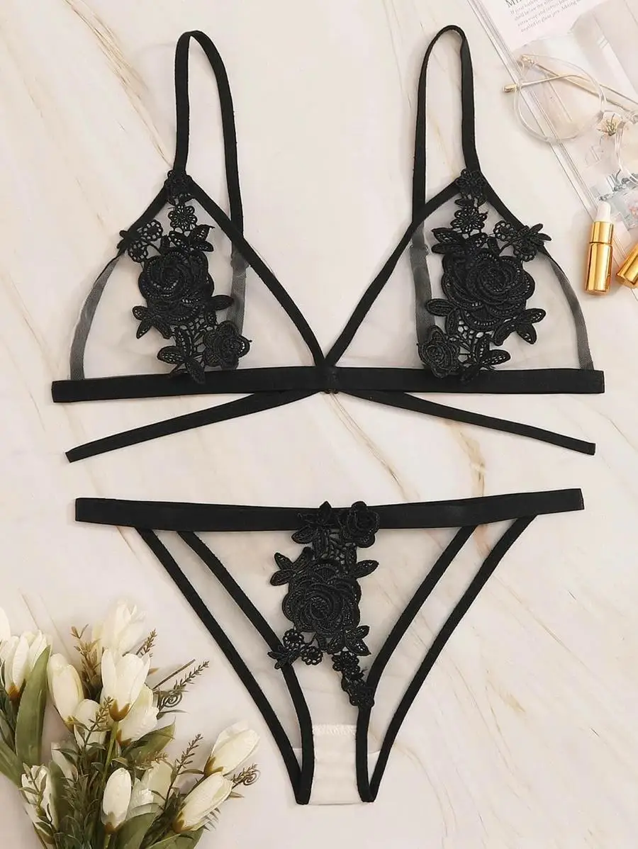 Sexy lingerie in 2020 sexy deep V mesh embroidered bra without steel ring bikini embroidered suit