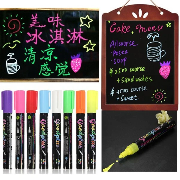 Chalk Marker Set, Fine Tip, Assorted Fluorescent Colors, 4 Per Set, 2 Sets