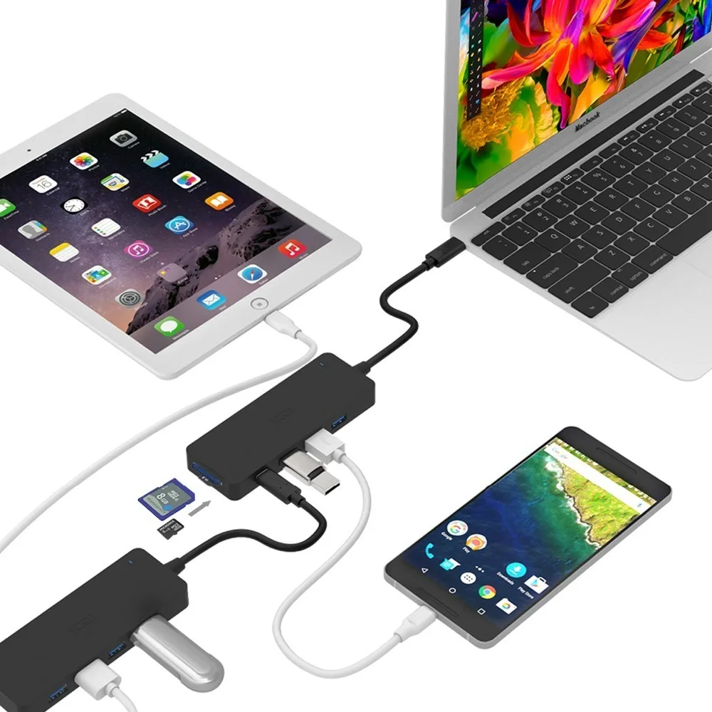 ICZI 8 в 1 USB C концентратор type C до 4 USB 3,0 портов+ кардридер(SD+ TF)+ 2 USB C порт для передачи данных для Macbook Pro huawei Matebook X