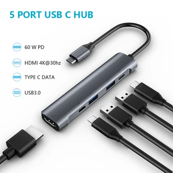 

USB C HUB Type c Adapter to HDMI 4K USB 3.0 3.5MM Jack headphone PD 60W TYPE C Docking station