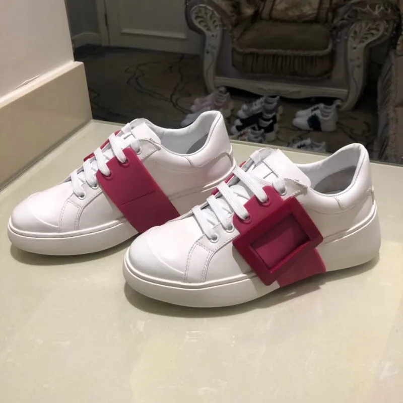 Euro Designer New Mixed Colors Square Buckle Womens Casual Leather Shoes Genuine Leather Round Toe Lace Up Increase Shoes