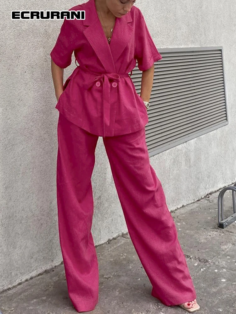 ECRURANI Casual Red Two Piece Sets For Female Lapel Short Sleeve Lace Up Shirts High Waist Pants Women's Trousers Suits 2021 New