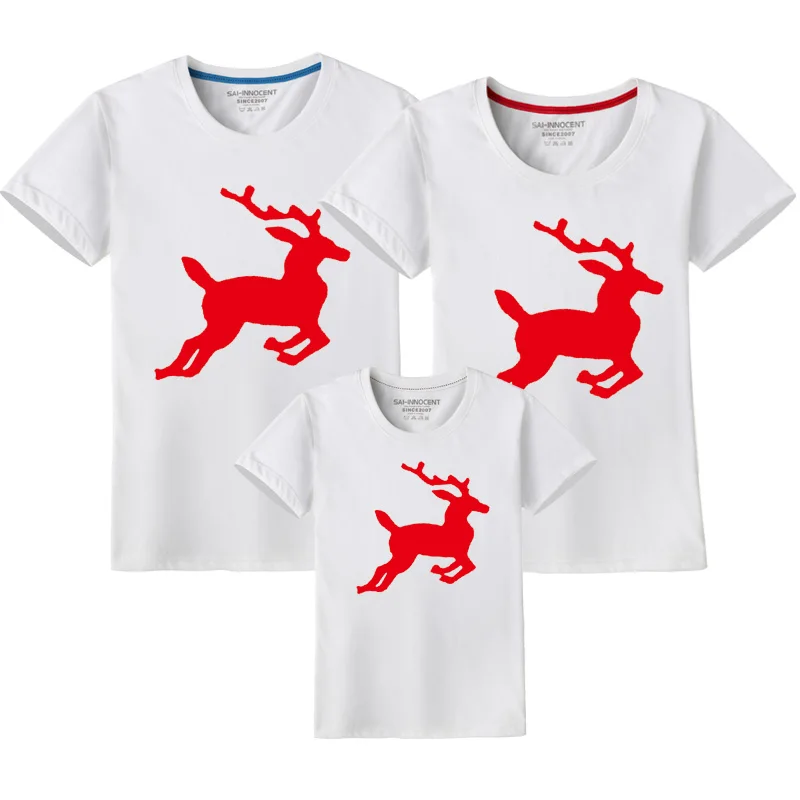 Jumping deer/одинаковая Рождественская одежда для семьи хлопковые футболки мамы сына