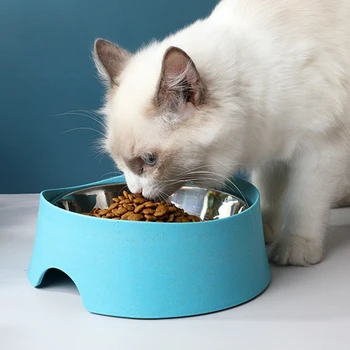 

Pet Bowl Wheat Straw Candy Color Oblique Stainless Steel Anti-Overflow Dog Bowl