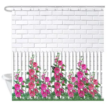 

Floral Shower Curtain Garden Flowers, Blooming Morning Glory Green Leaves on White Fence, Modern Brick Wall Vine Plant Nature