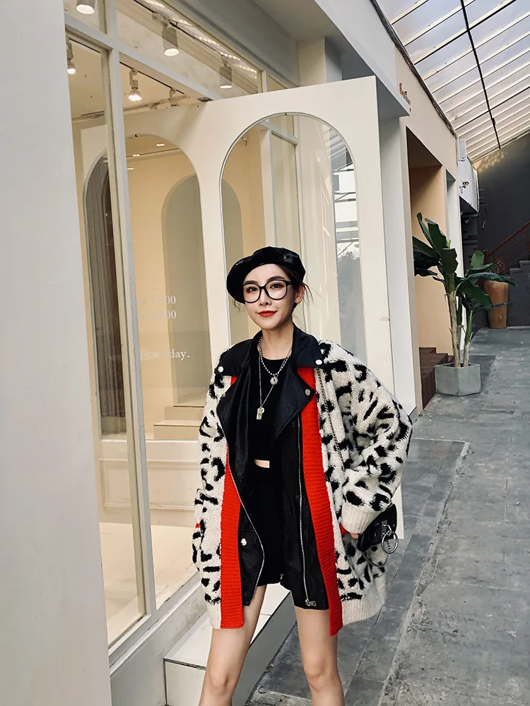 High Street PU Лоскутная трикотажная одежда для женщин искусственный 2 шт. толстый теплый свитер, куртка большого размера Свободный длинный стильный кардиган