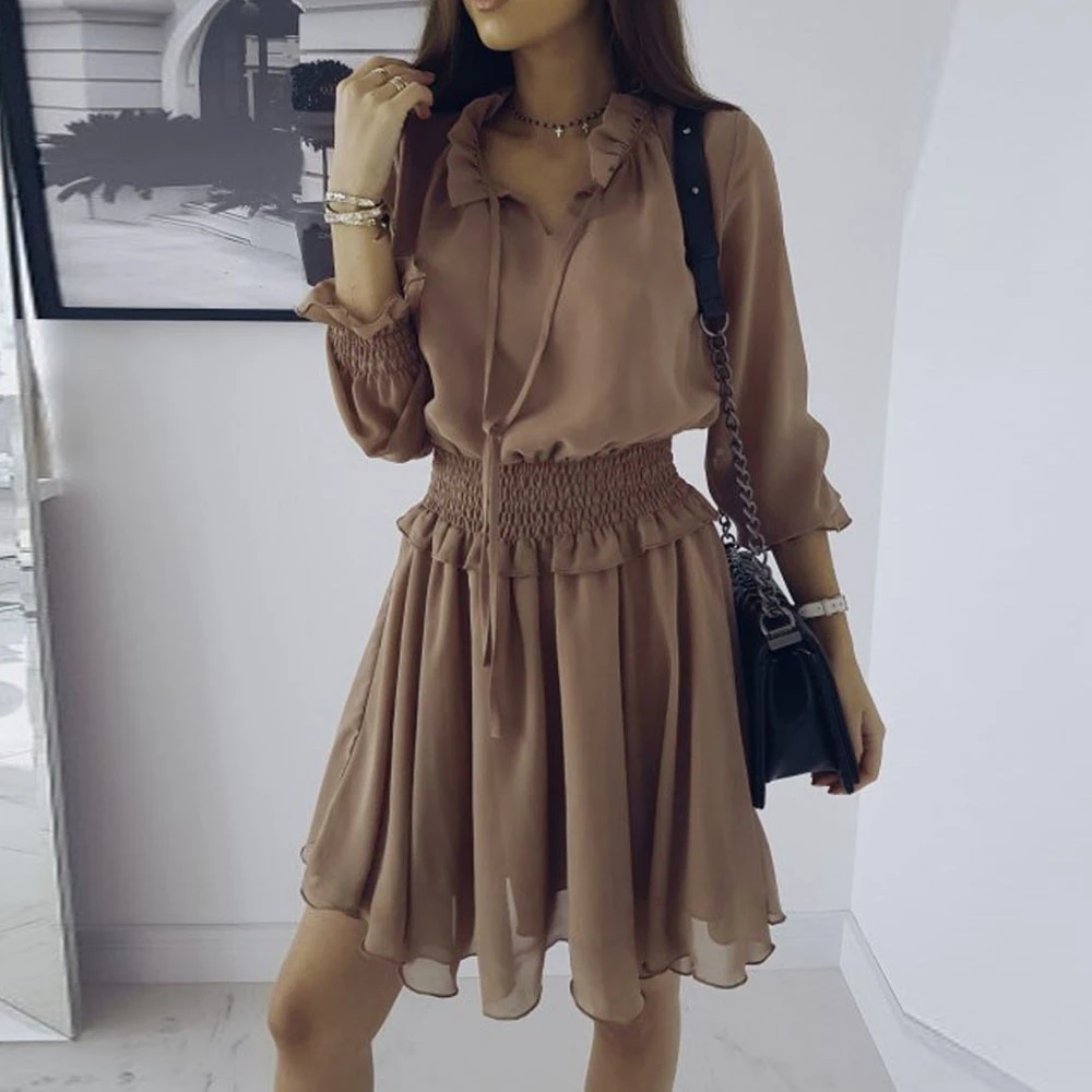 Women Fall Long Sleeve Dress Elegant Party Female Chiffon Dress O Neck Solid Pleated Casual Office Winter Vestidos Mujer 807