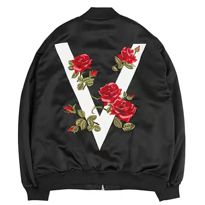 

2019 Autumn Women's Jacket High Quality Rose Embroidered Satin Jacket Street Style Zipper Loose Coat Print Bomber Jacket Women