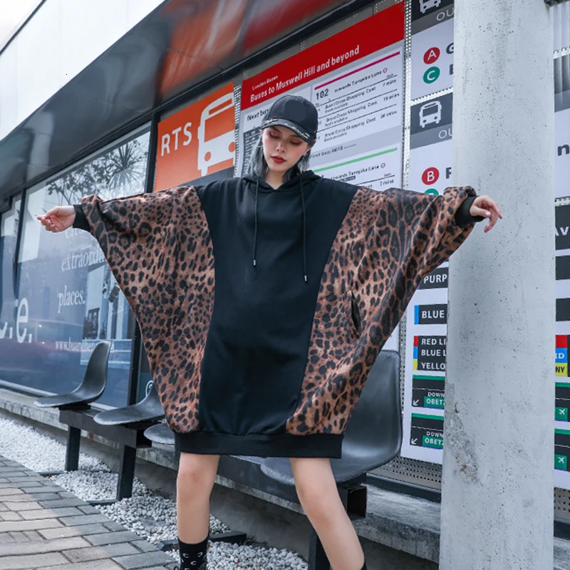 CHICEVER корейский Леопардовый женский свитер с капюшоном рукав летучая мышь рукав свободный оверсайз повседневные толстовки женские осень мода