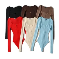 Summer outfits for women 2024 sexy bodysuit streetwear long sleeve square neck bodycon bodysuit zip up body suits black - Image 2