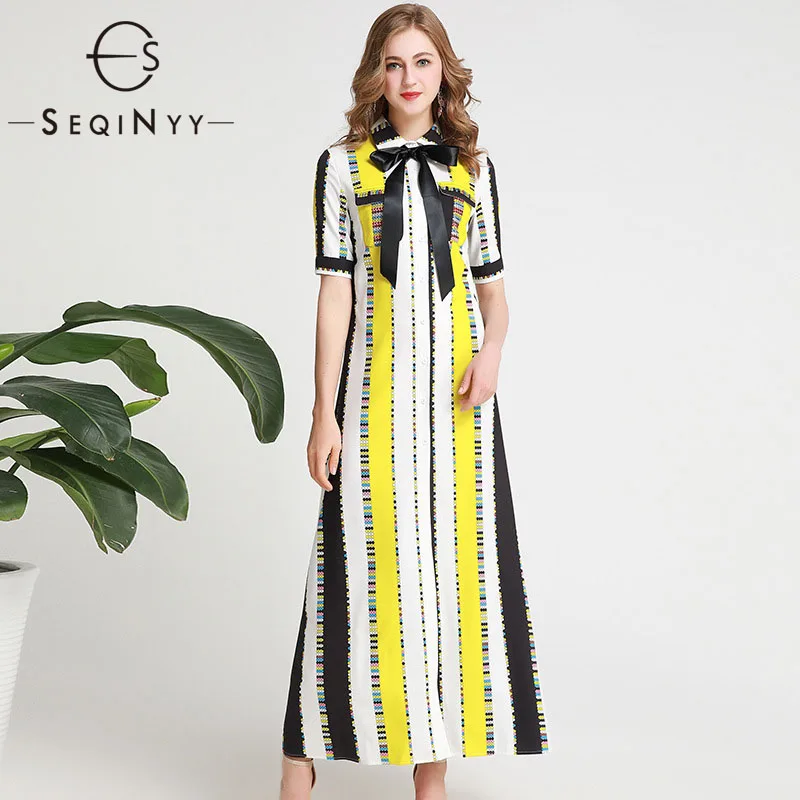 

SEQINYY Elegant Long Dress 2020 Spring Summer New Fashion Women Short Sleeve Flowers Print Stripes Casual Dress