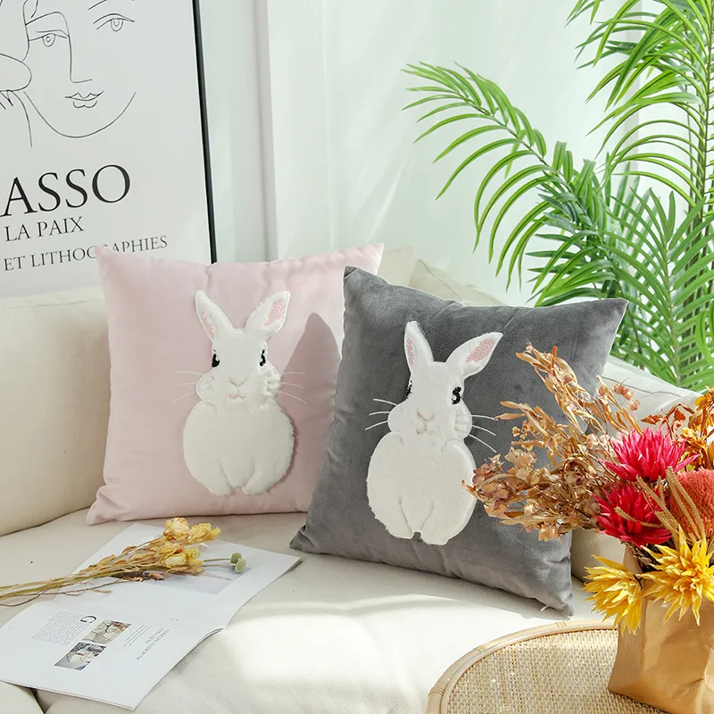 

Luxury Embroidery Rabbit Cushion Cover Cute White Plush Animal Pattern Throw Pillow Case Home Decor Sofa Chair Pillowcase