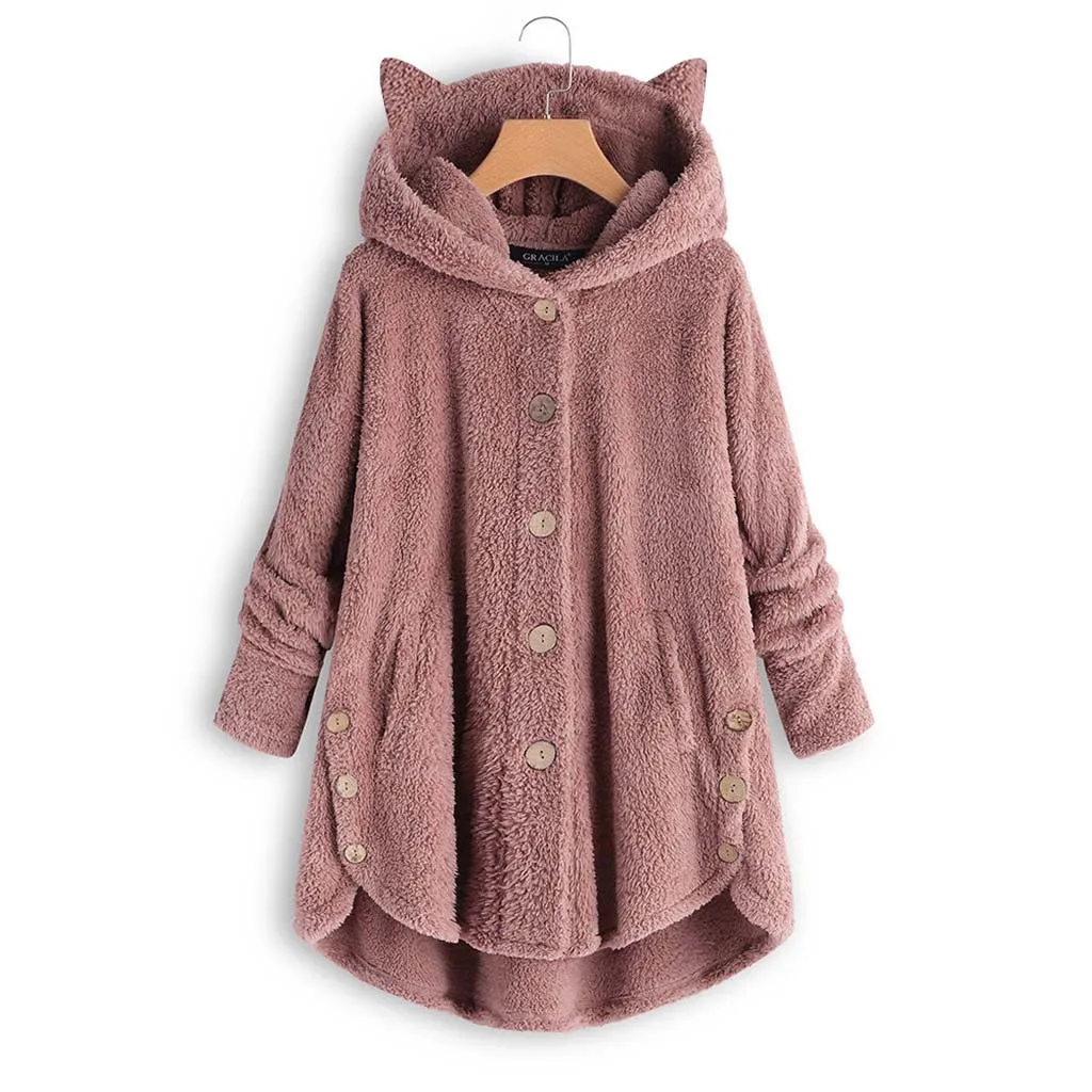 Большие размеры, зимняя теплая Модная женская куртка, пушистый принт, милая верхняя одежда с кошачьими ушками, куртка, повседневные топы, пуловер с капюшоном, свободный свитер