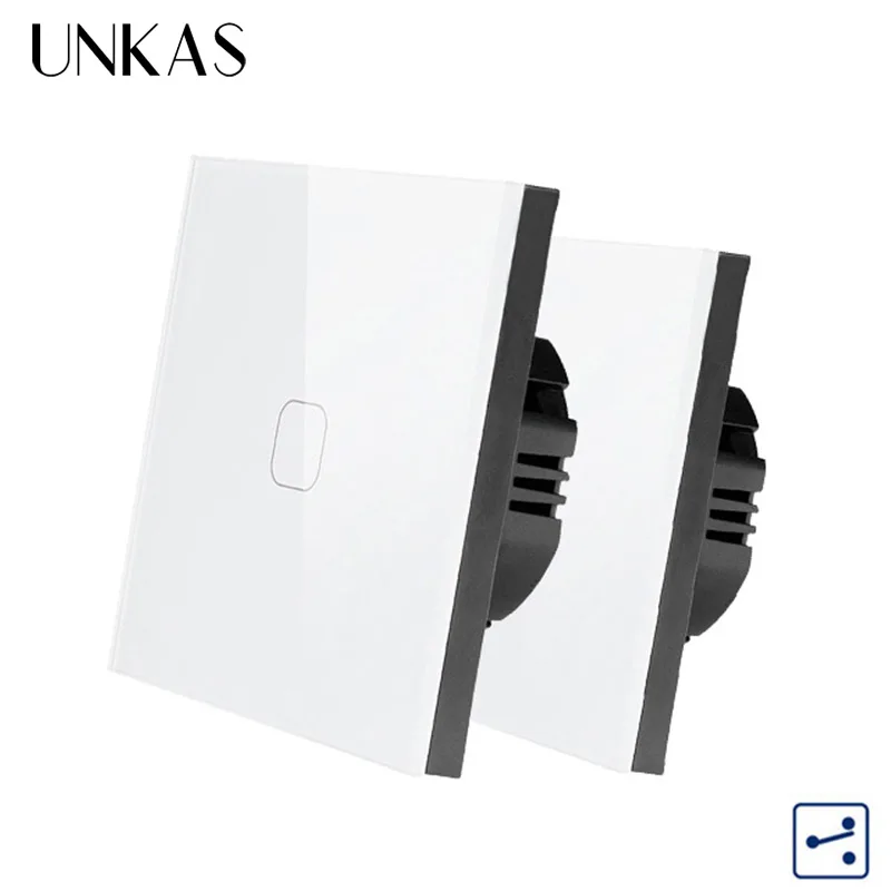 

UNKAS 1/2 Gang 2 Way EU Standard Control Wall Touch Screen Switch,White Crystal Glass Panel,cross/through switch,2pcs/pack