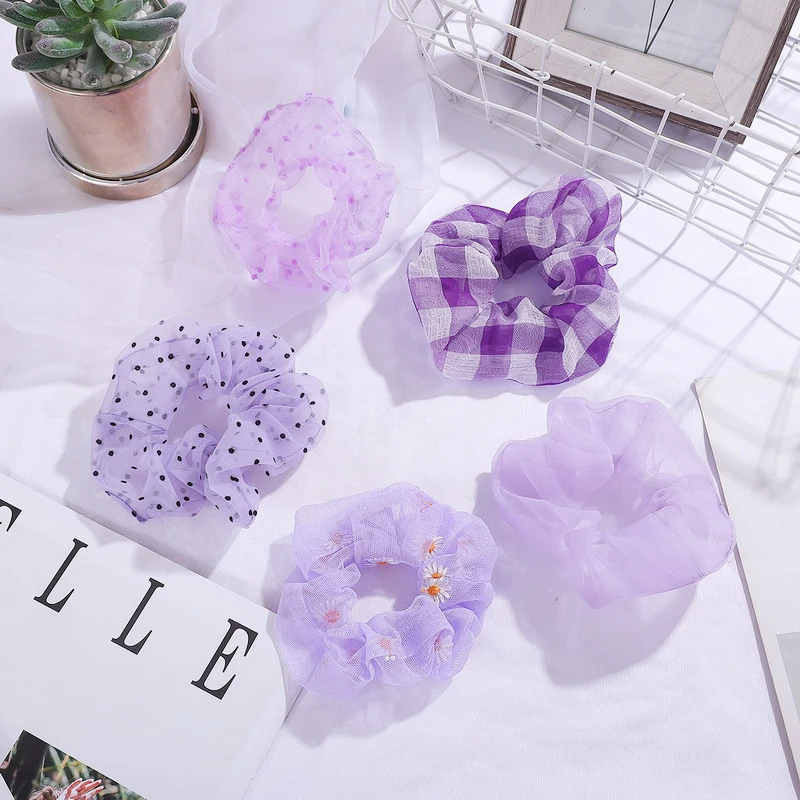 Hair-Ties Solid-Color-Accessories Purple Women Ponytail Elastic-Hair-Bands Soft Chiffon