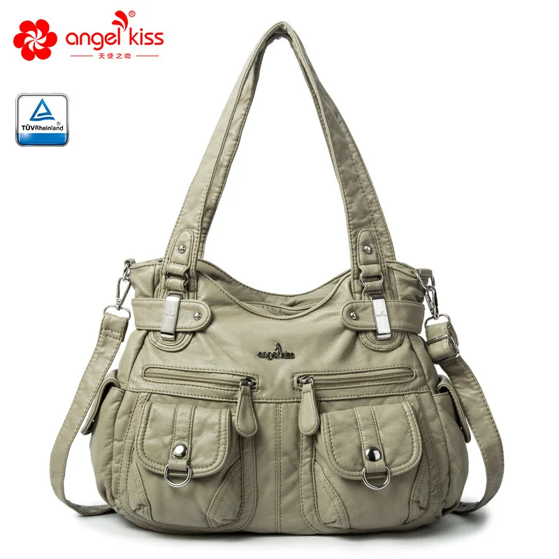  Angel Kiss Brand Skin-friendly Top Handle Satchel Shoulder Bag Washed PU Leather Tote Handbag Women - 33039636490