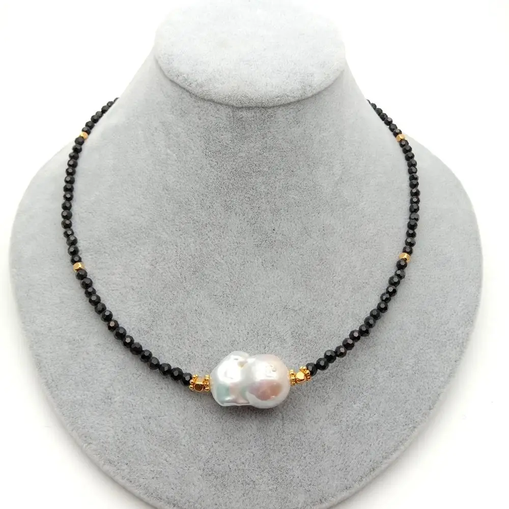 

18" Natural 4mm Faceted Black onyx round White Keshi Pearl chokers Necklace luxury style party for women