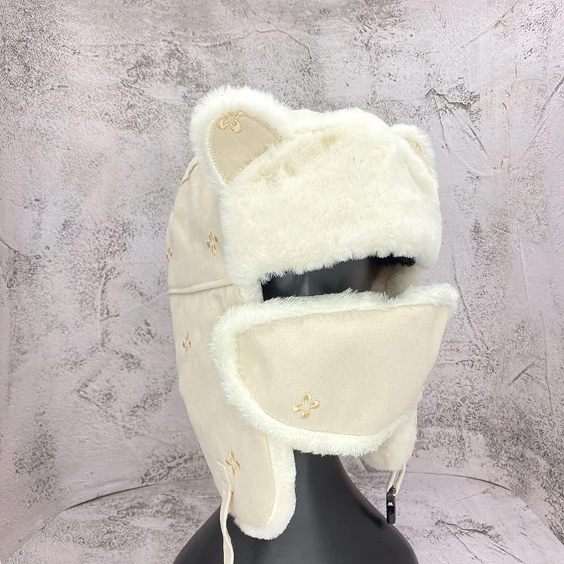 Warm Ear Mask One-piece Cap Female Autumn and Winter Lei Feng Cap Small Flower Embroidery Cute Cat Ear Plush Riding Hat mad bomber leather rabbit fur hat Bomber Hats