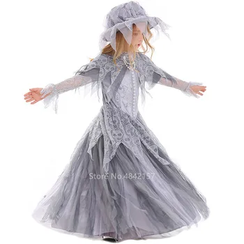 

Halloween Fancy Princess Vampire Cosplay Costume for Kids Girl Carnival Party Scary Ghost Bride Pearl Lace Elegant Dress Hat Set