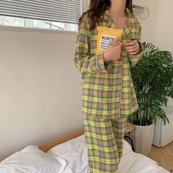 

colorful plaid home clothes autumn winter pajamas set women sleepwear long sleeve blouse pijamas pants lounge set korean Y111