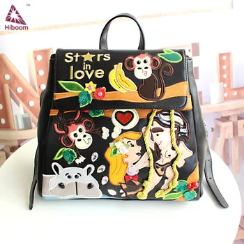 

Hiboom 2020 PU leather bag packbag for girl Wild travel bag embroidery group monkey pattern