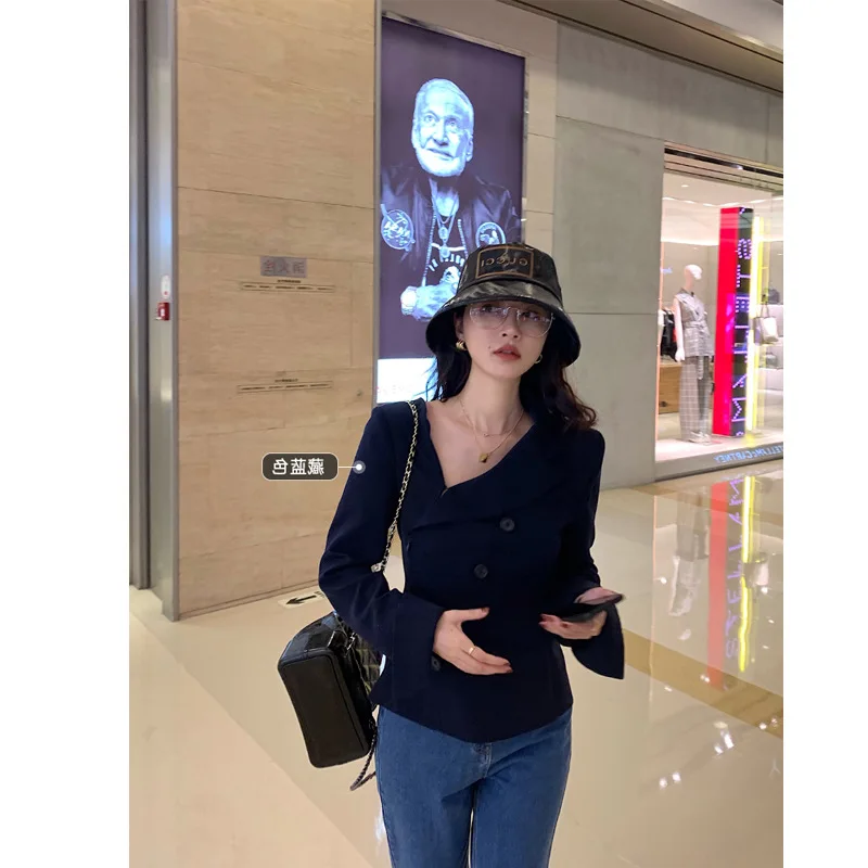 

2019 New Style Autumn Clothing Irregular Oblique V-neck Slimming Elegant Slim Fit Sense of Design Suit Tops Women's Agent