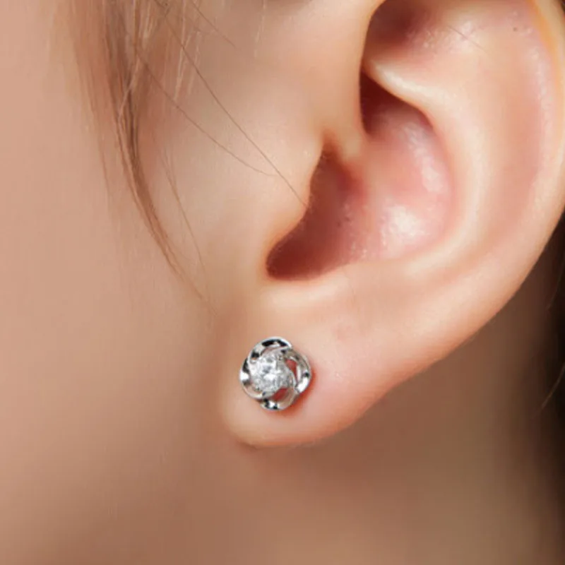 Silver Plated Earring for Women Clear CZ Lucky Clover Stud Earrings Girls Lady Gift Fine Jewelry