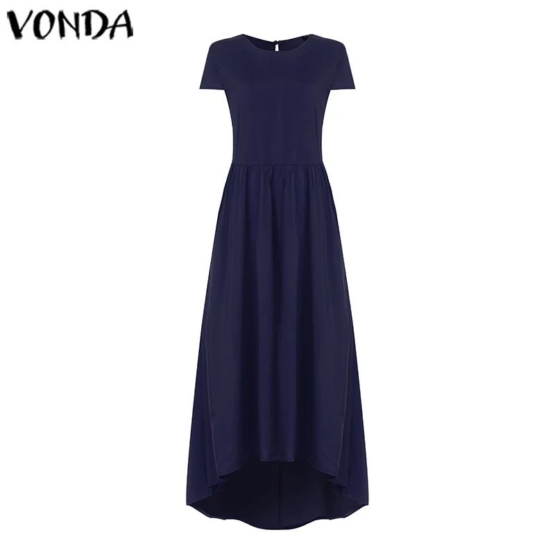 VONDA/летнее платье, женские сарафаны, богемные, сексуальные, с круглым вырезом, карманами, с коротким рукавом, винтажные, макси, длинные платья, большие размеры, Vestidos - Цвет: Тёмно-синий