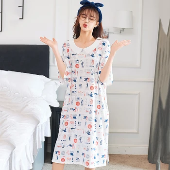 

Women's Lingerie Nightdress short sleeve thin summer floral printed modal Sleep shirt soft plus size night skirt robe home wear