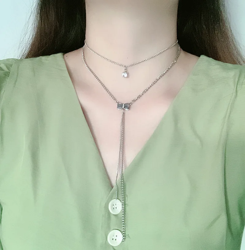 Серебряная двухслойная Длинная кисточка цепочка ожерелья геометрические