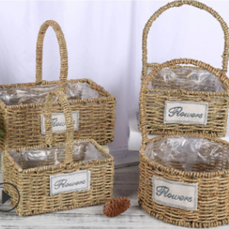 Portable straw flower fruit basket garden wicker basket creative rattan flower pot living room home decoration
