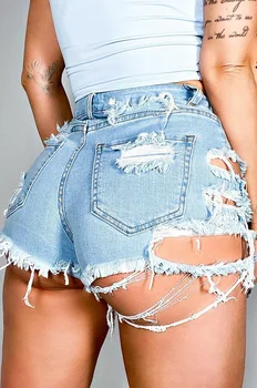 

Women Sexy Mini Slim Fit Denim Shrots Jeans Vantage Washed Irregular Holes Ripped Tassel Jeans Demin Ladies Summer Denim Shorts
